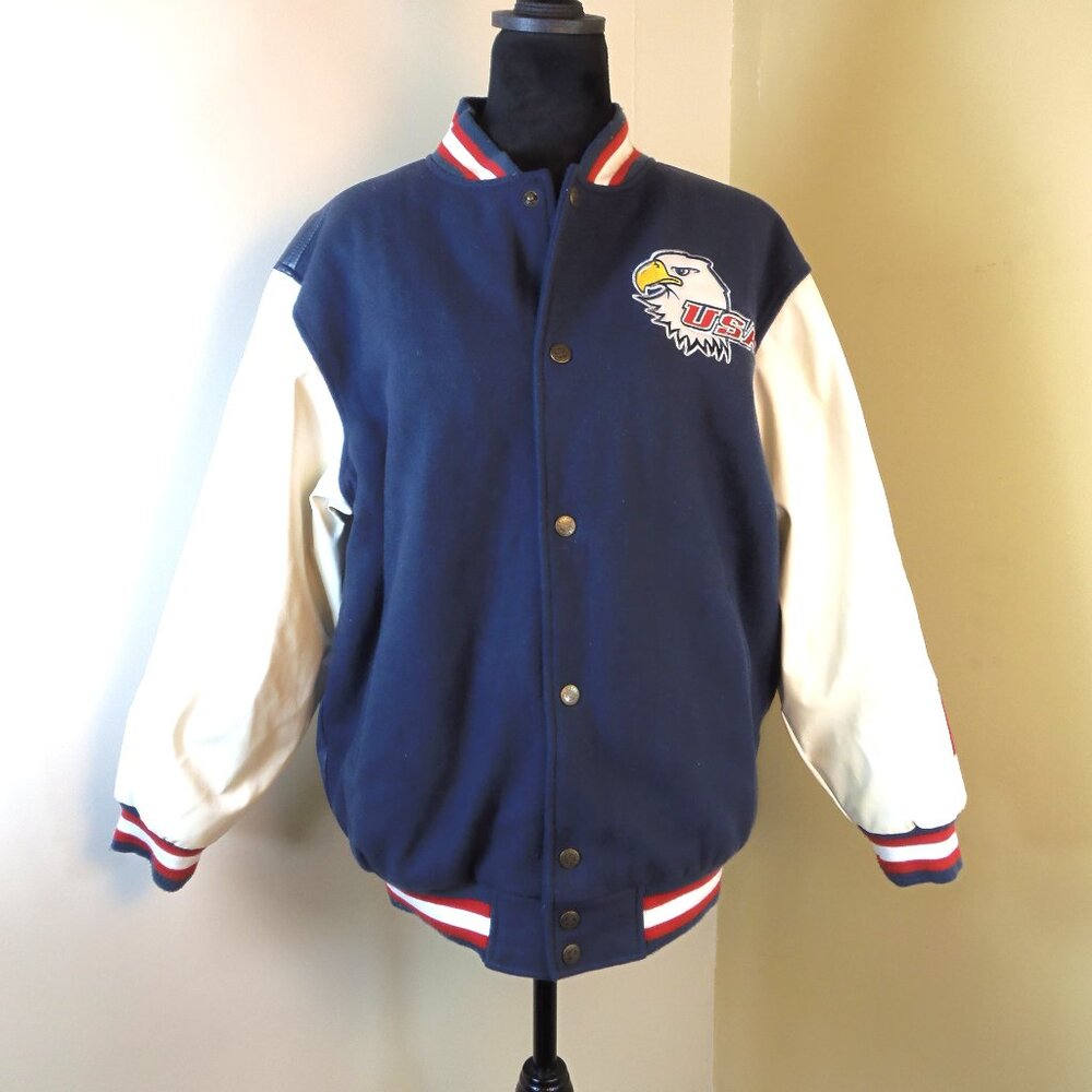 Steve & Barry's Letterman Style Jacket Faux Leather USA Patriotic Men's SZ‎ S/M